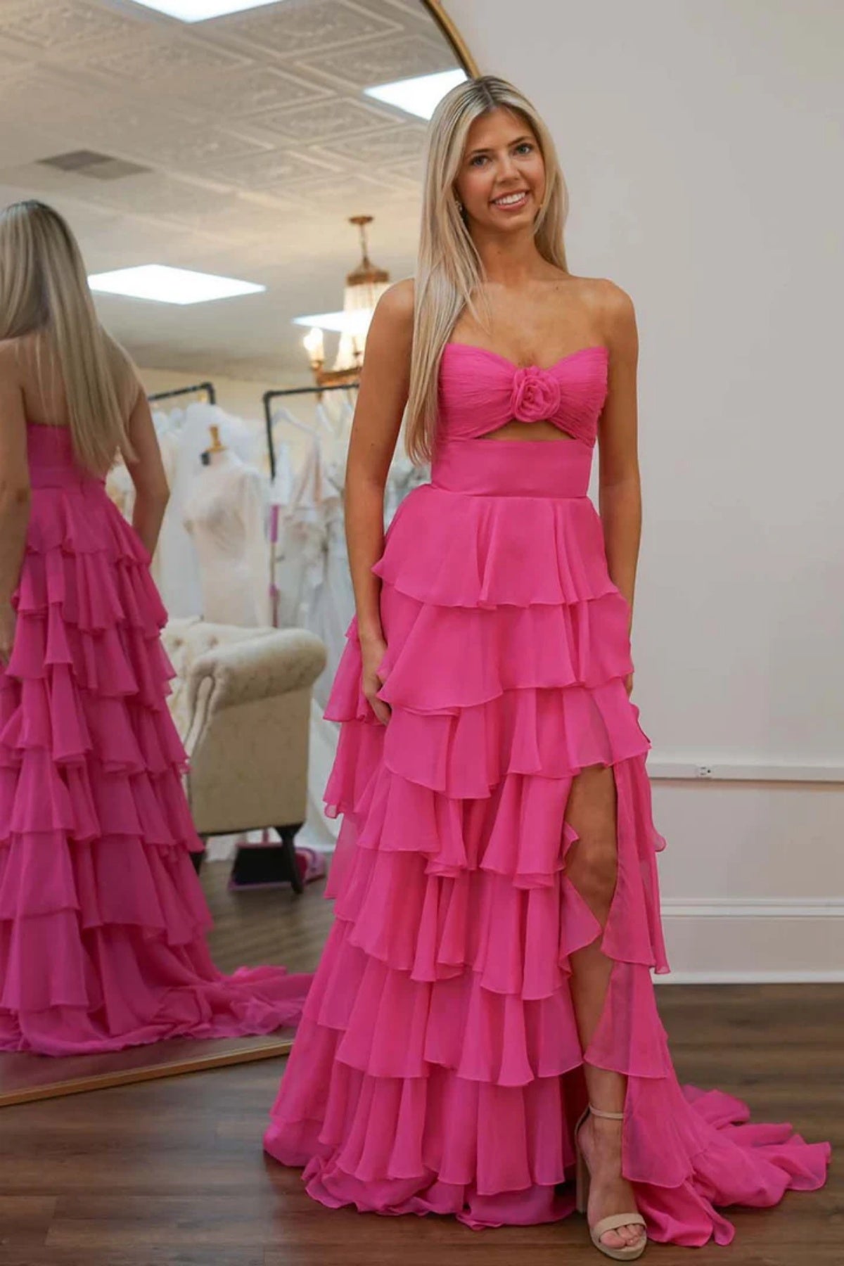 Strapless Tiered Blue Pink Green Long Chiffon Prom Dresses, Chiffon Layered Long Formal Evening Dresses