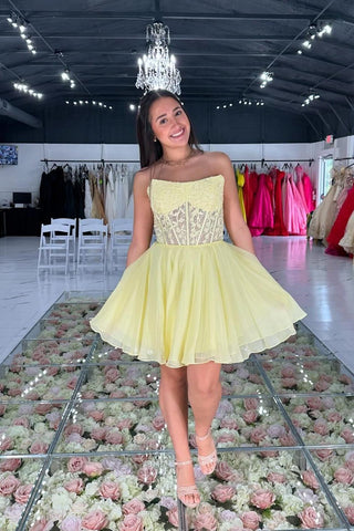 Strapless Yellow/Green/Pink/Blue Lace Short Prom Dresses, Short Lace Homecoming Dresses