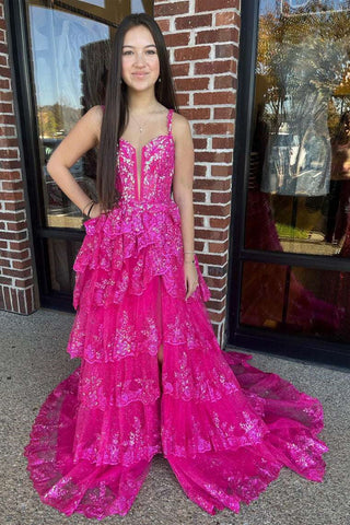 Straps Pink Purple Layered Sequin Long Prom Dresses,  Pink Purple Layered Long Formal Evening Dresses