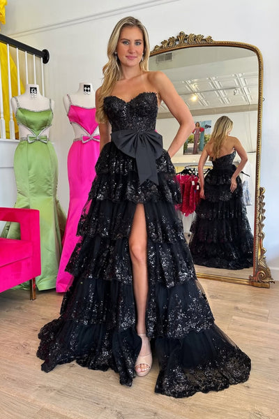 Sweetheart Neck Black Lace Layered Long Prom Dresses, Black Lace Layered Formal Evening Dresses