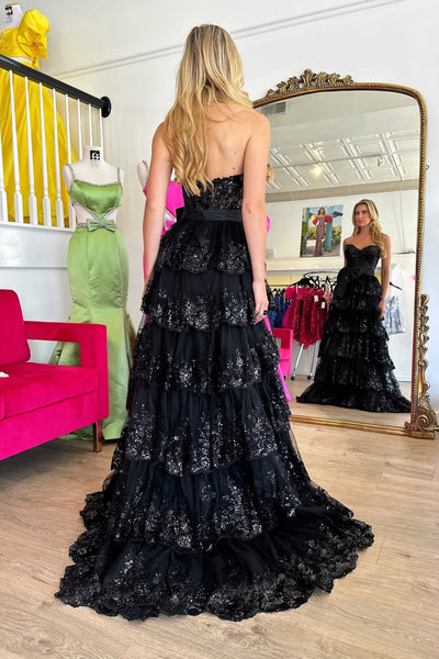 Sweetheart Neck Black Lace Layered Long Prom Dresses, Black Lace Layered Formal Evening Dresses