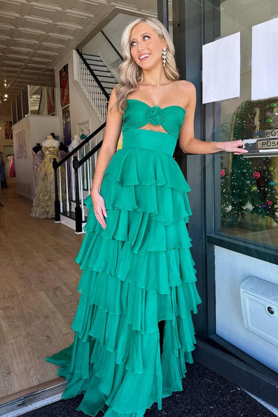 Sweetheart Neck Green Layered Long Prom Dresses, Green Layered Long Formal Evening Dresses