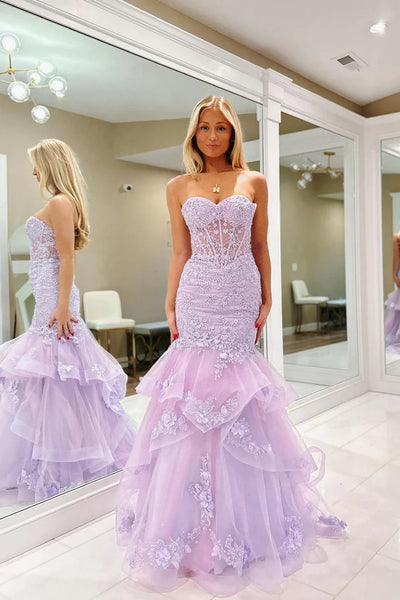 Sweetheart Neck Mermaid Purple Lace Prom Dresses, Mermaid Purple Lace Formal Evening Dresses