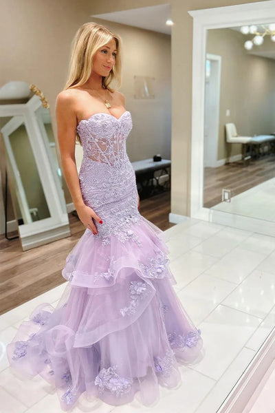 Sweetheart Neck Mermaid Purple Lace Prom Dresses, Mermaid Purple Lace Formal Evening Dresses