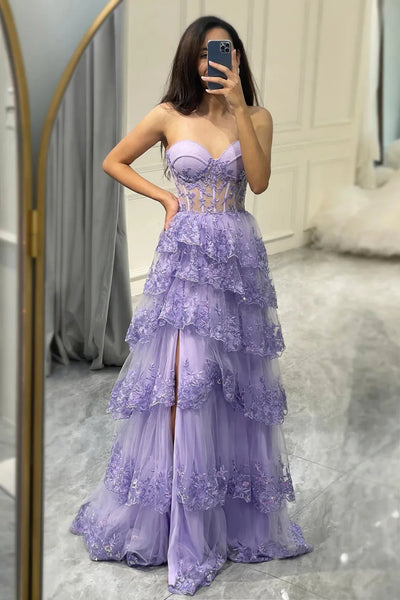 Sweetheart Neck Purple Lace Layered Prom Dresses, Purple Lace Layered Formal Evening Dresses