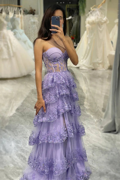 Sweetheart Neck Purple Lace Layered Prom Dresses, Purple Lace Layered Formal Evening Dresses