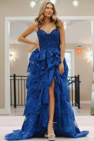 Sweetheart Neck Royal Blue Lace Layered Prom Dresses, Royal Blue Lace Layered Formal Evening Dresses