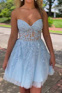 Sweetheart Neck Short Blue Lace Prom Dresses, Short Blue Lace Formal Homecoming Dresses