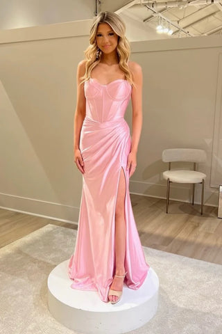 Sweetheart Pink Satin Long Prom Dresses, Pink Satin Long Formal Evening Dresses