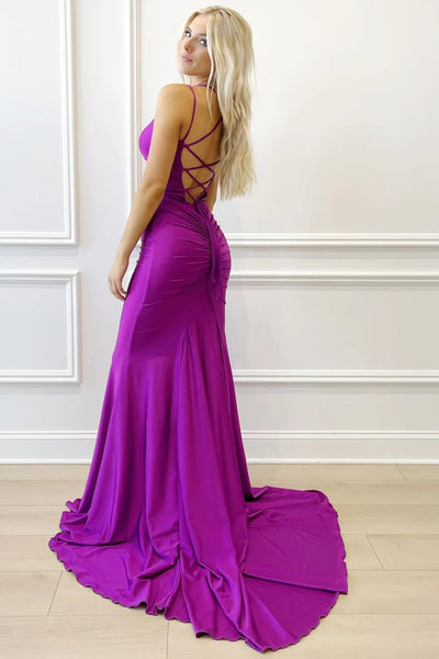 V Neck Backless Mermaid Purple Long Prom Dresses with Train, Mermaid Purple Formal Dresses, Purple Evening Dresses