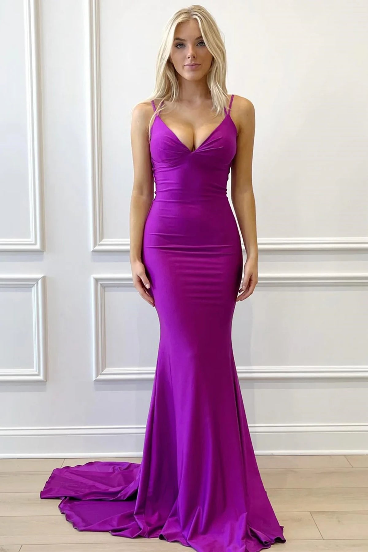 V Neck Backless Mermaid Purple Long Prom Dresses with Train, Mermaid Purple Formal Dresses, Purple Evening Dresses