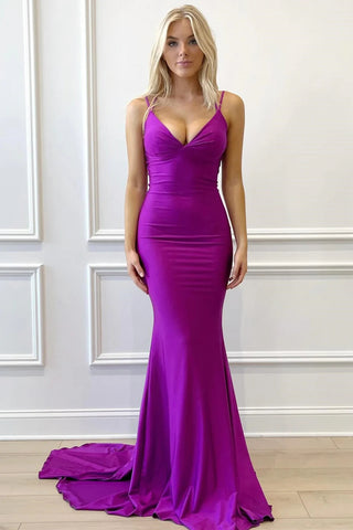 V Neck Backless Mermaid Purple Long Prom Dresses with Train, Mermaid Purple Formal Dresses, Purple Evening Dresses