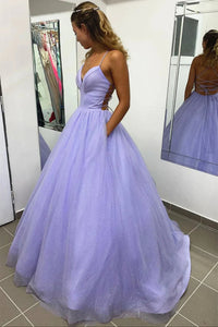 V Neck Backless Purple Lace Prom Dresses, Open Back Purple Lace Long Formal Evening Dresses