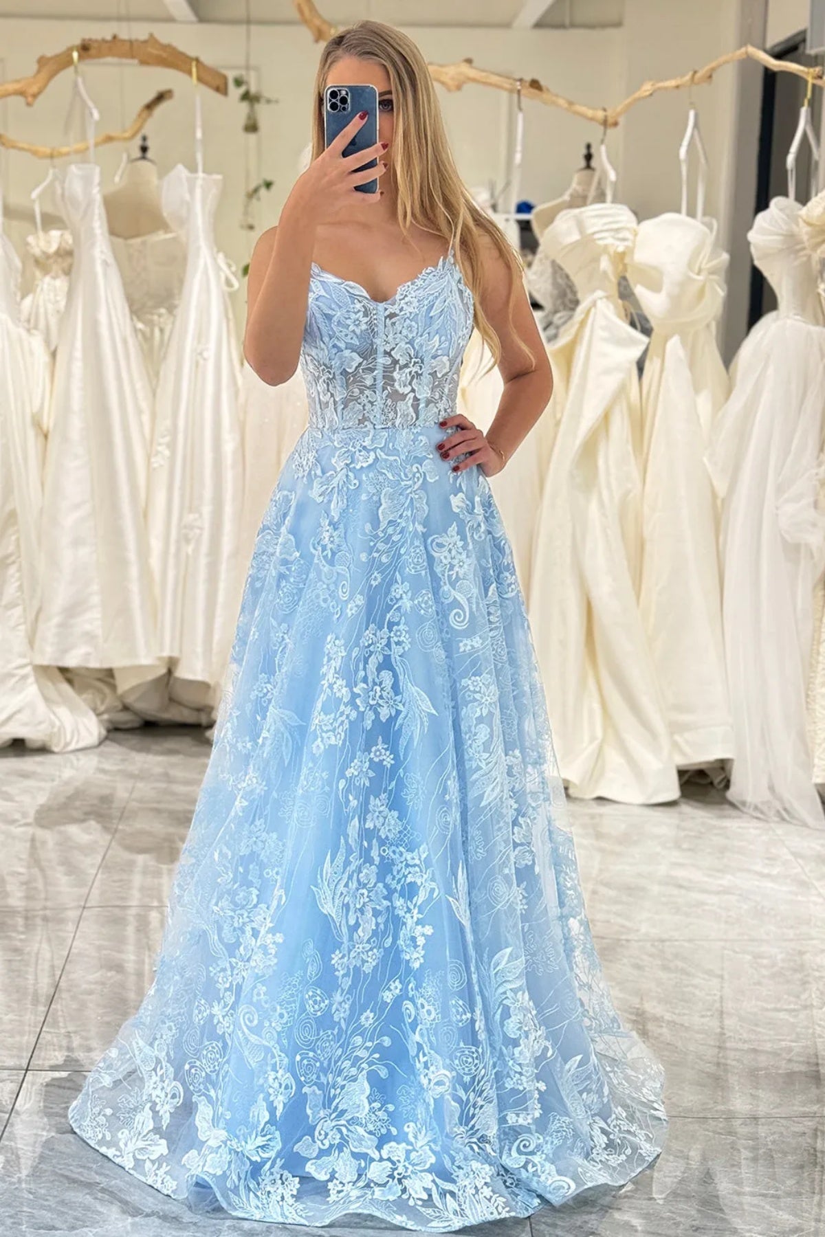 V Neck Blue Lace Prom Dresses, Blue V Neck Lace Formal Evening Dresses