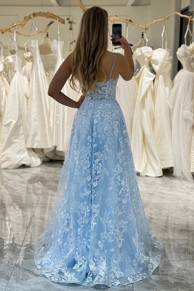 V Neck Blue Lace Prom Dresses, Blue V Neck Lace Formal Evening Dresses