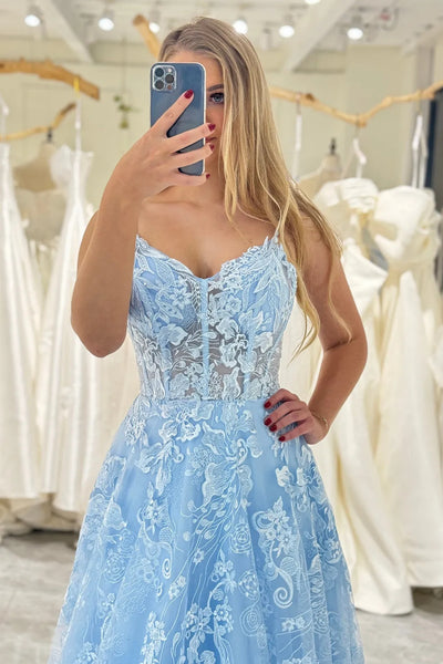 V Neck Blue Lace Prom Dresses, Blue V Neck Lace Formal Evening Dresses