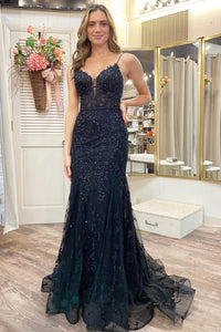 V Neck Mermaid Beaded Black Lace Long Prom Dresses, Mermaid Black Formal Dresses, Black Lace Evening Dresses