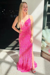 V Neck Pink Backless Sequins Long Prom Dresses, Open Back Pink Sequins Long Formal Evening Dresses