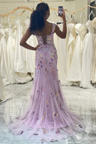 V Neck Purple Floral Long Prom Dresses, Purple V Neck Purple Floral Long Formal Evening Dresses