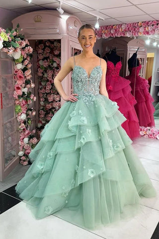 V Neck Sage Green Tulle Lace Floral Long Prom Dresses, Sage Green Tulle Lace Formal Graduation Dresses