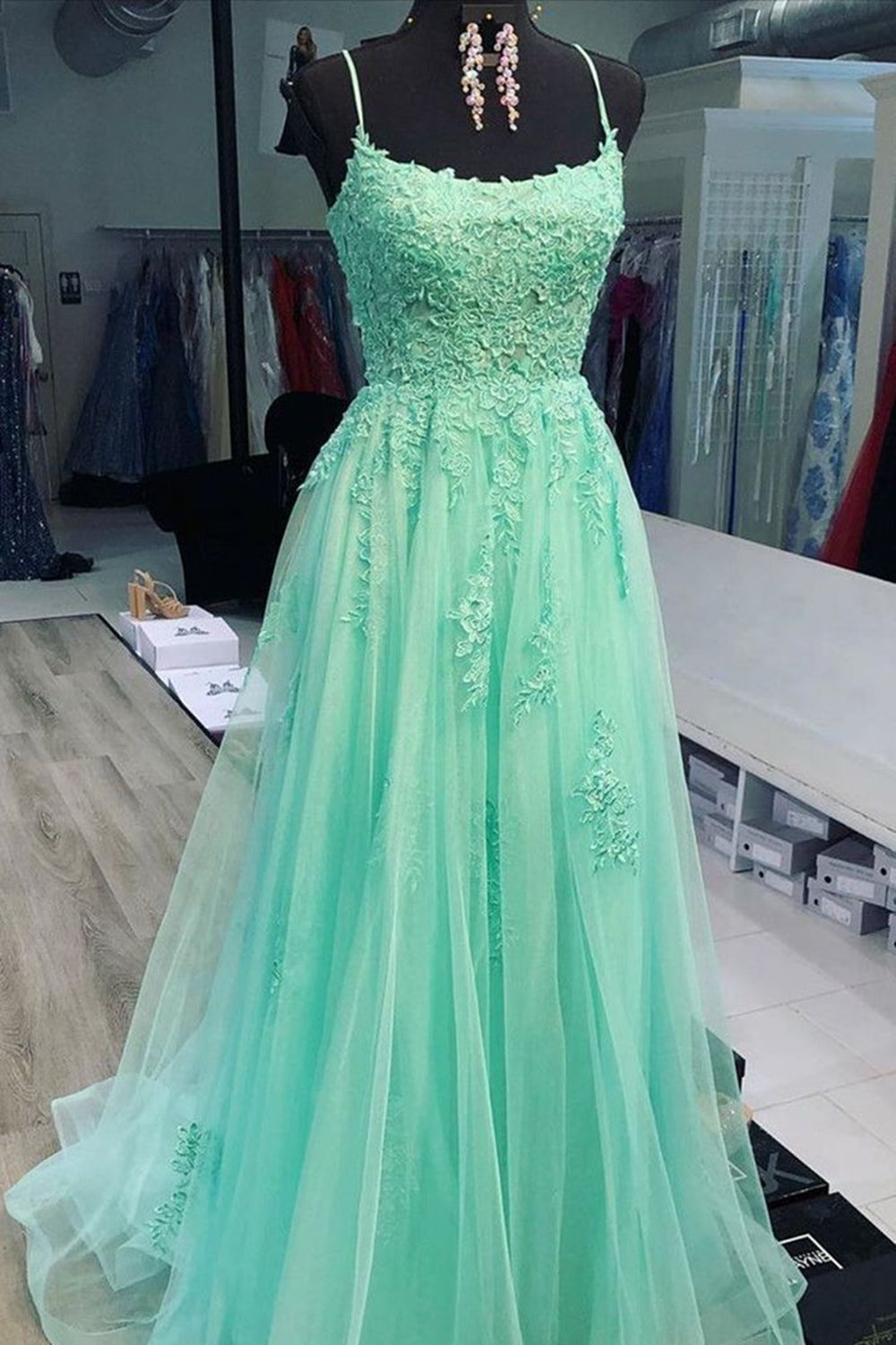 A Line Mint Green Lace Long Prom Dresses, Mint Green Lace Formal