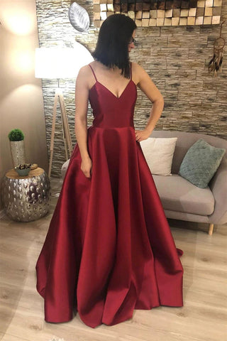 A Line V Neck Backless Burgundy Satin Long Prom Dresses, Backless Burgundy Formal Graduation Evening Dresses EP1888