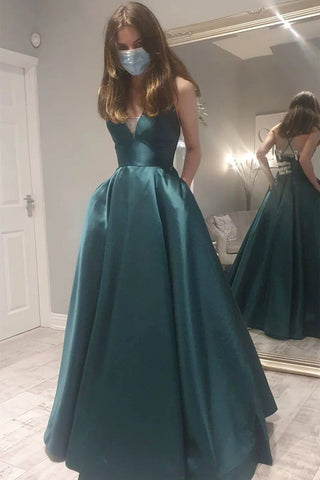 A Line V Neck Backless Emerald Green Long Prom Dresses, Backless Green Formal Dresses, Green Evening Dresses EP1700