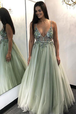 A Line V Neck Beaded Green Long Prom Dresses, V Neck Green Formal Dresses, Beaded Green Evening Dresses EP1644