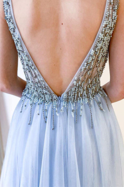 A Line V Neck Light Blue Tulle Beaded Long Prom Dresses, V Neck Blue Formal Dresses, Beaded Blue Evening Dresses EP1666