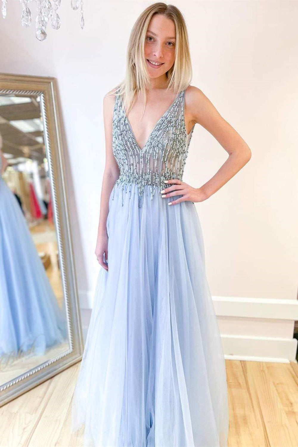 A Line V Neck Light Blue Tulle Beaded Long Prom Dresses, V Neck Blue Formal Dresses, Beaded Blue Evening Dresses EP1666