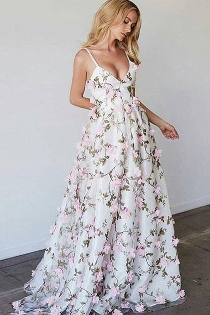 A Line V Neck Open Back Floral White Long Prom Dresses, Open Back Whit ...