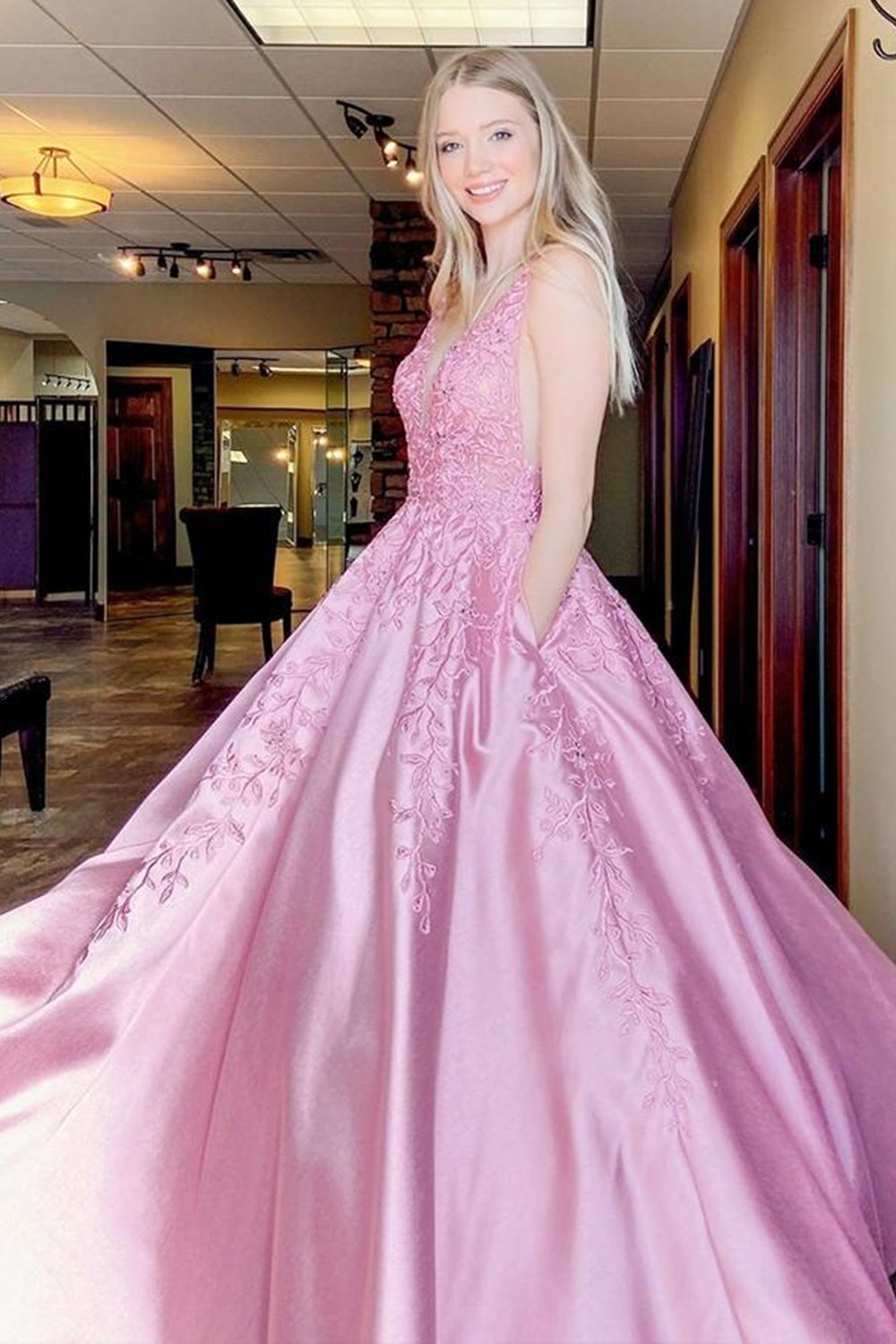 A Line V Neck Pink Lace Long Prom Dresses, Pink Lace Formal Dresses, Long Pink Evening Dresses EP1381