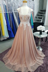 A Line V Neck Pink Lace Long Prom Dresses, V Neck Pink Formal Dresses, Pink Lace Evening Dresses EP1630