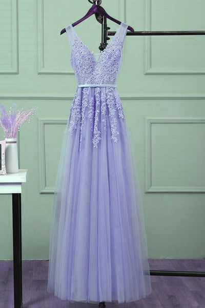 A Line V Neck Purple Tulle Lace Long Prom Dresses, V Neck Purple Forma ...