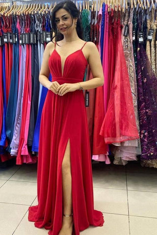 A Line V Neck Red Long Prom Dresses with High Slit, V Neck Red Formal Graduation Evening Dresses EP1856