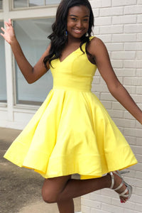 A Line V Neck Short Yellow Prom Homecoming Dresses, Short Yellow Formal Graduation Evening Dresses EP1583