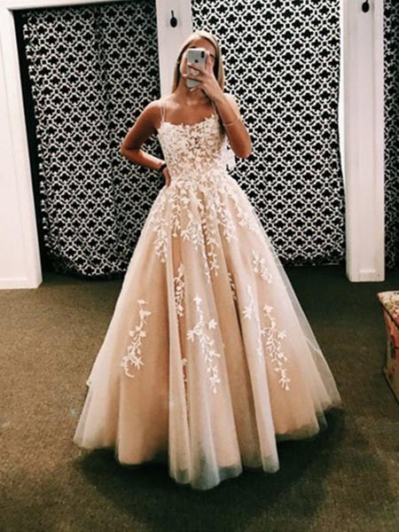 V Neck Backless Champagne Tulle Lace Long Prom Dresses, Champagne Lace –  Eip Collection