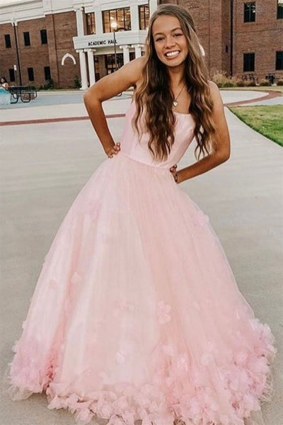 Beauty Pink Floral Tulle Long Prom Dresses, Pink Formal Dresses with 3D Flowers, Long Pink Evening Dresses EP1672