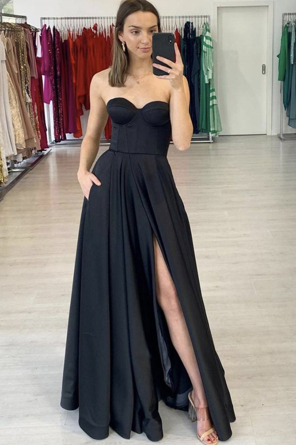 Black Satin A Line Long Prom Dress High Slit Formal Dress
