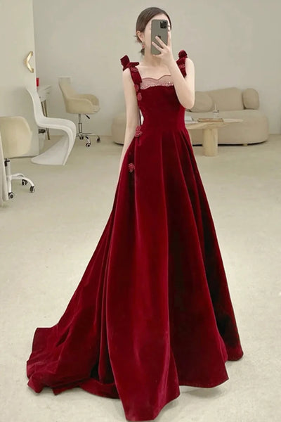 Burgundy Velvet Long Prom Dresses, Burgundy Velvet Long Formal Evening Dresses