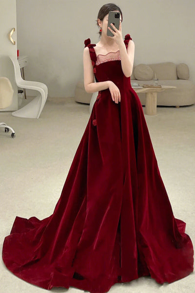 Burgundy Velvet Long Prom Dresses, Burgundy Velvet Long Formal Evening Dresses