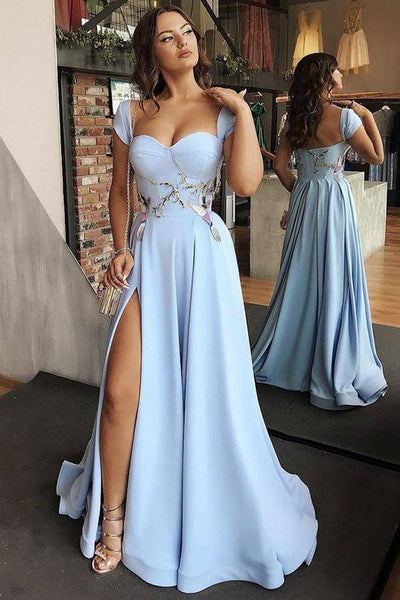 Cap Sleeves Sweetheart Neck Open Back Light Blue Long Prom Dresses with High Slit, Light Blue Formal Graduation Evening Dresses EP1690