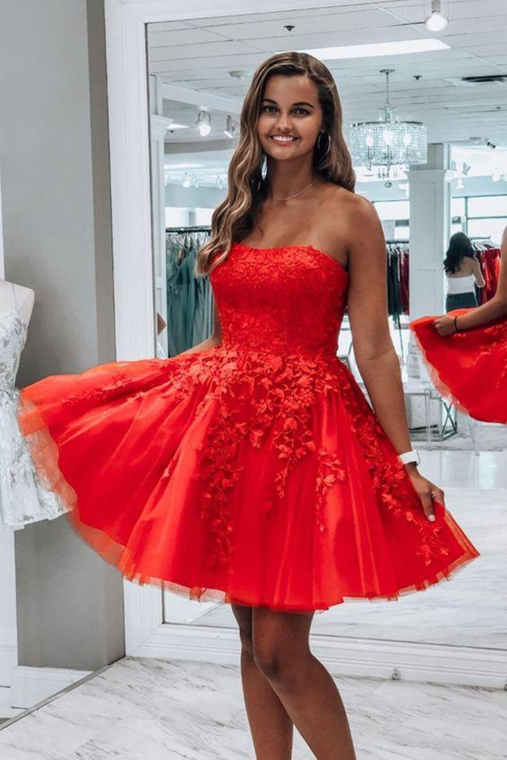 Strappy Lace Appliqued Red Short Homecoming Dress, 53% OFF
