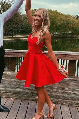 Cute V Neck Red Satin Short Prom Dresses, V Neck Red Homecoming Dresses, Red Formal Evening Dresses EP1895