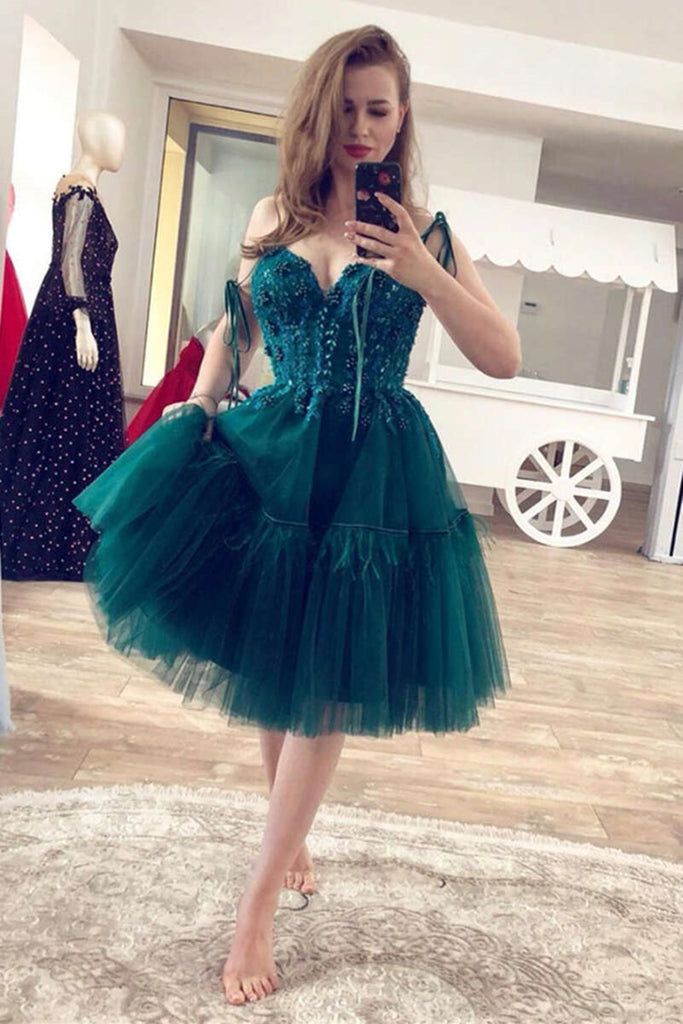 Dark green sale short prom dress