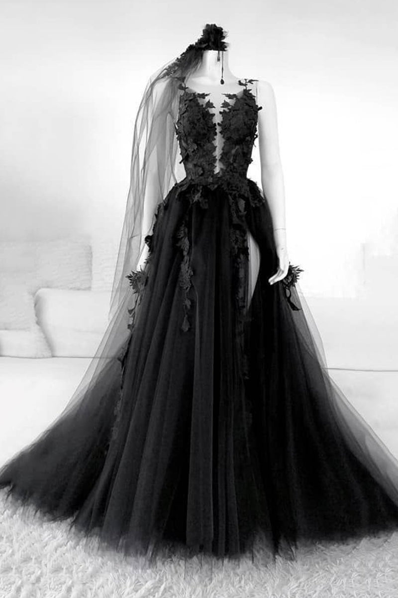 Deep V Neck Backless Black Lace Appliques Long Prom Dress, Black Lace ...