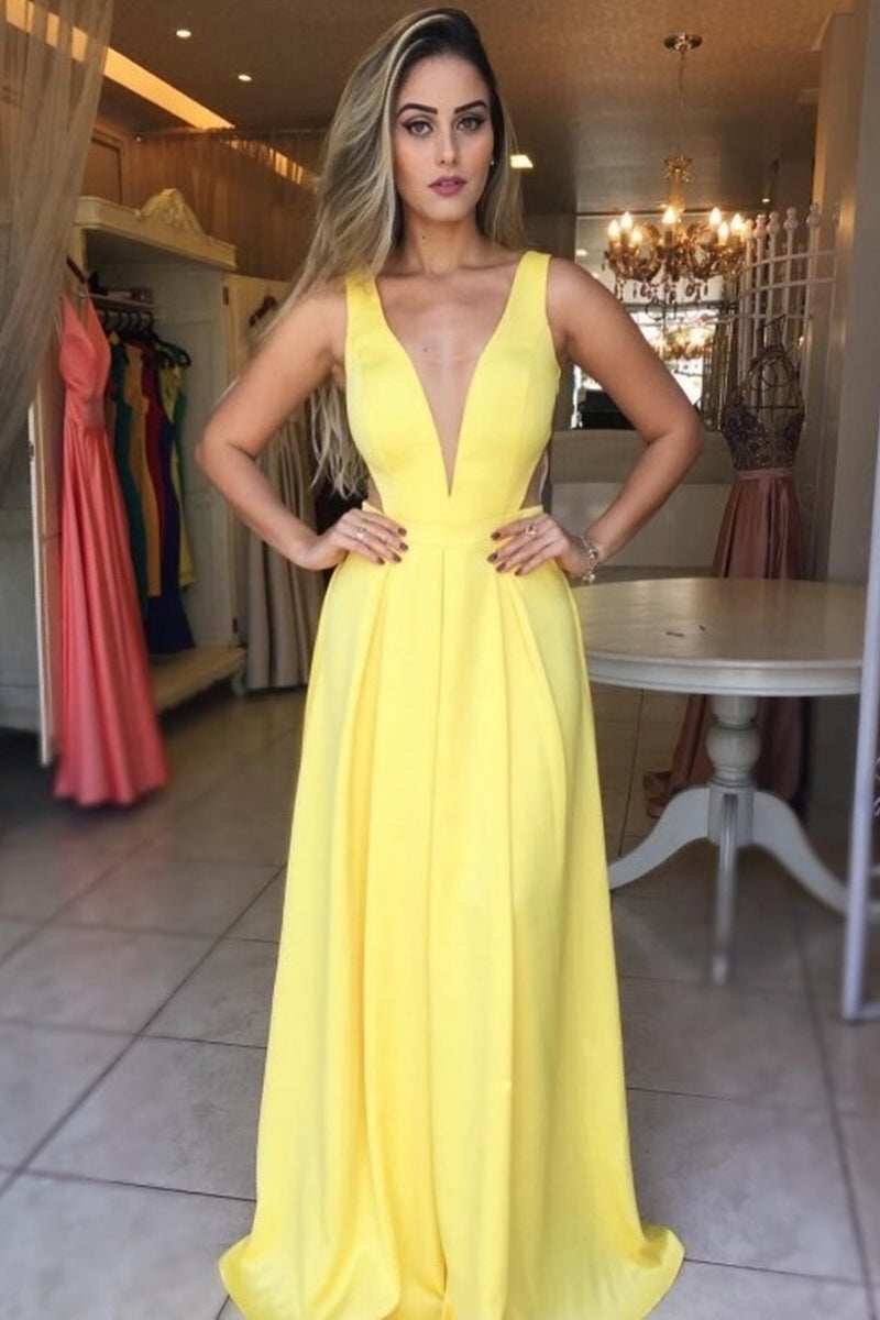 Elegant Deep V Neck Yellow Long Prom Dresses, V Neck Yellow Formal Gra ...