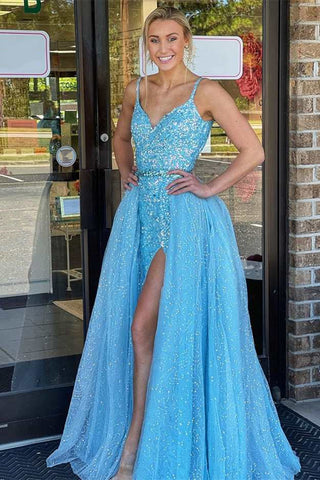 Elegant Shiny Blue Sequins V Neck Long Prom Dresses with High Slit, Blue Sequins Formal Graduation Evening Dresses EP1860