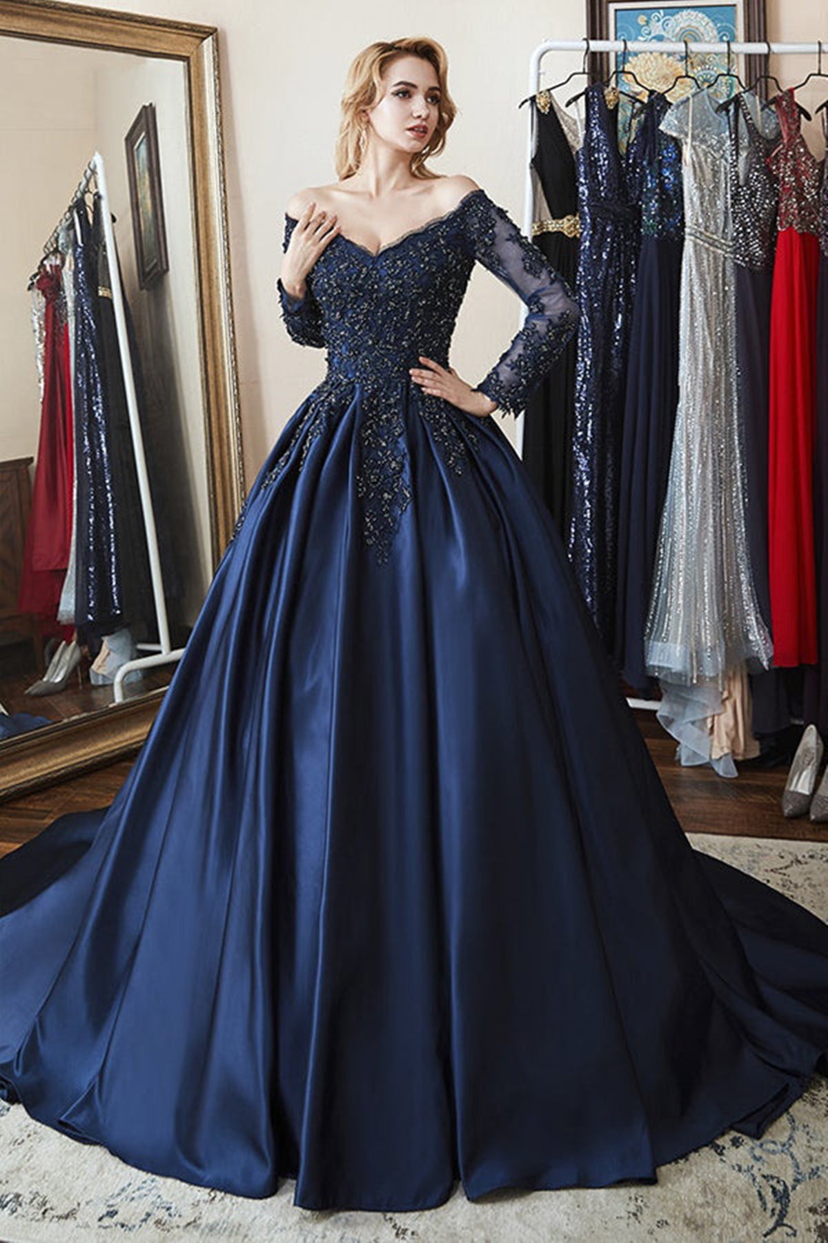 Gorgeous Long Sleeves Navy Blue Lace Beaded Long Prom Dresses, V Neck – Eip  Collection