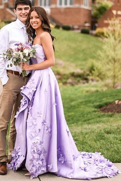 High Low Strapless Purple Satin Floral Long Prom Dresses, High Low Purple Formal Graduation Evening Dresses EP1635